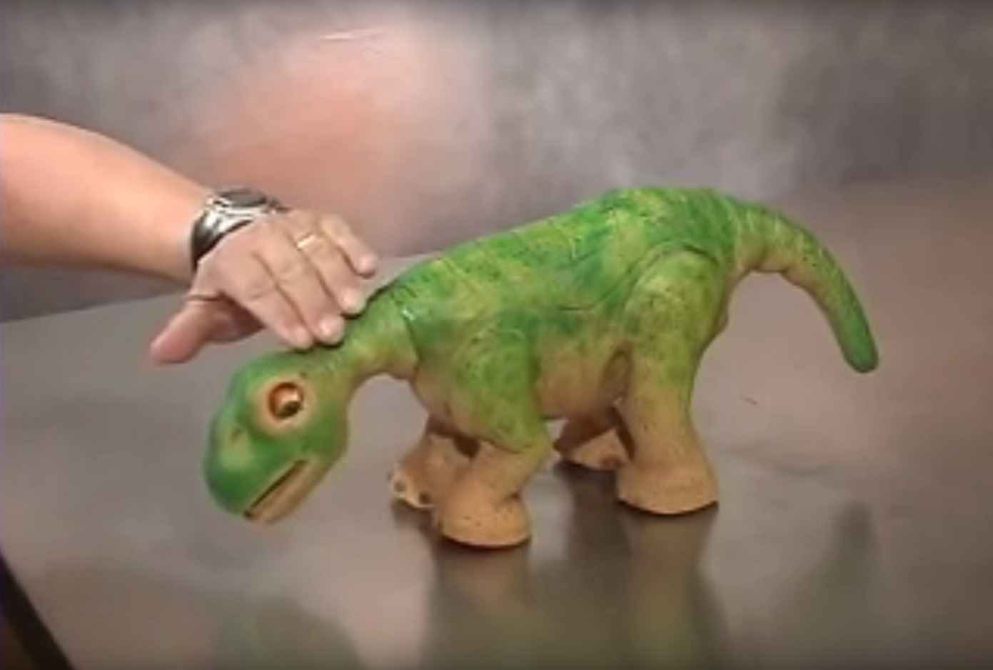 Iemand aait Pleo de dinosaur robot